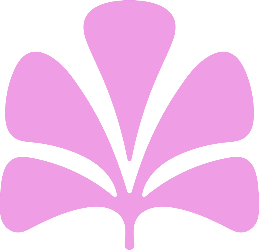 A stylized illustration of a purple ginkgo leaf with black accents.