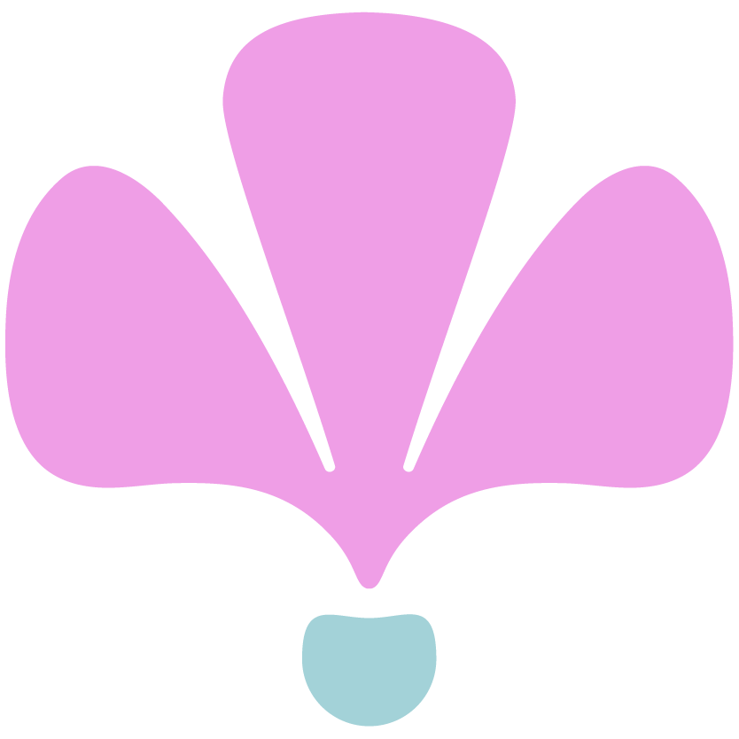 Stylized graphic of a pink flower with three petals and a light blue circular base.