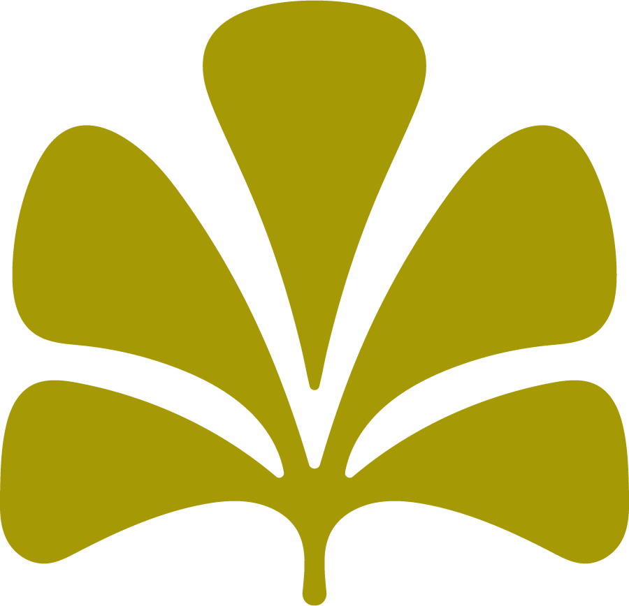 A stylized olive green ginkgo leaf with six rounded lobes against a black background.