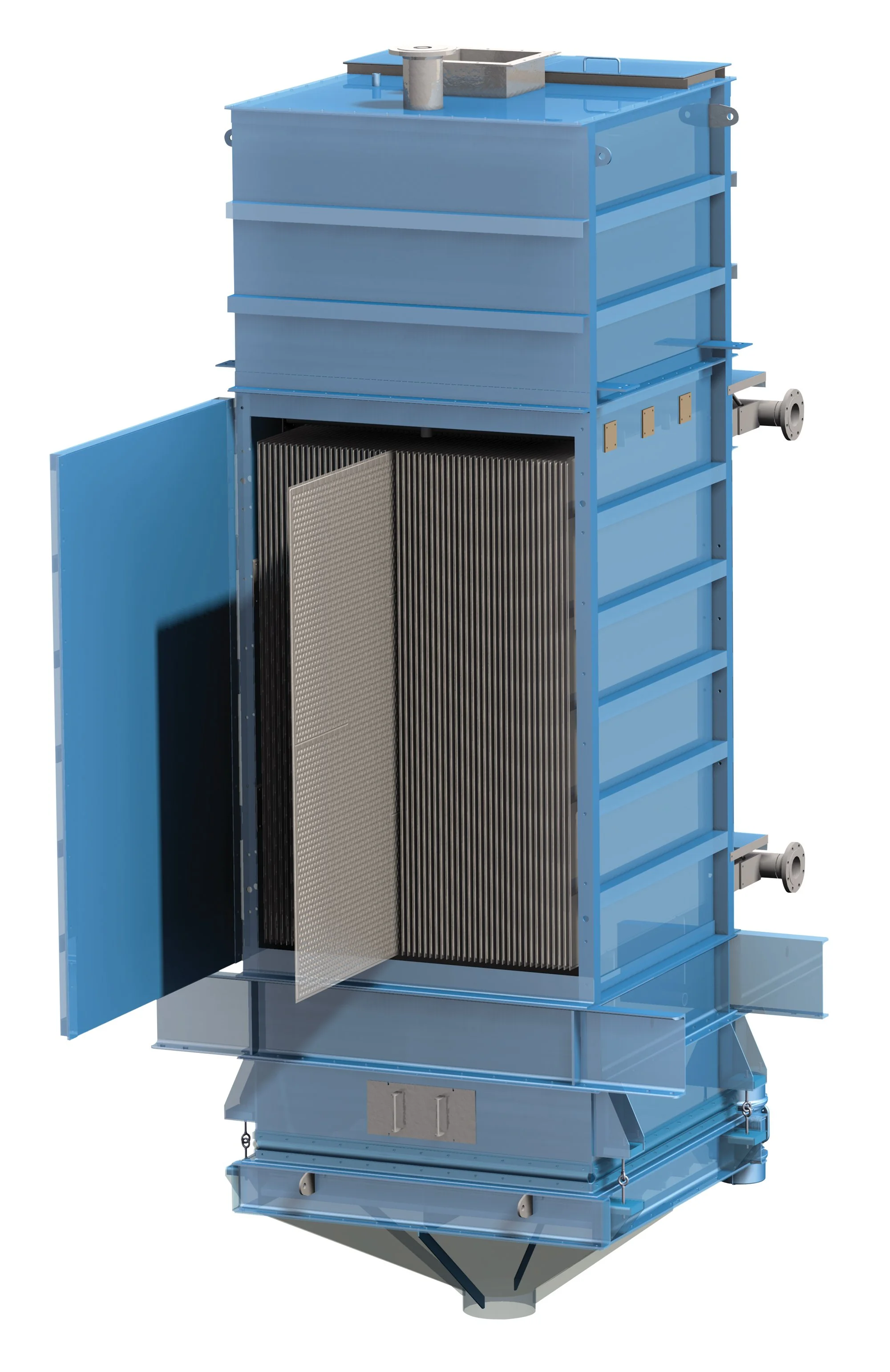 A large industrial filtration unit, blue in color, with a grated filter and multiple compartments, including a door with hinges and cylindrical pipes on the side.