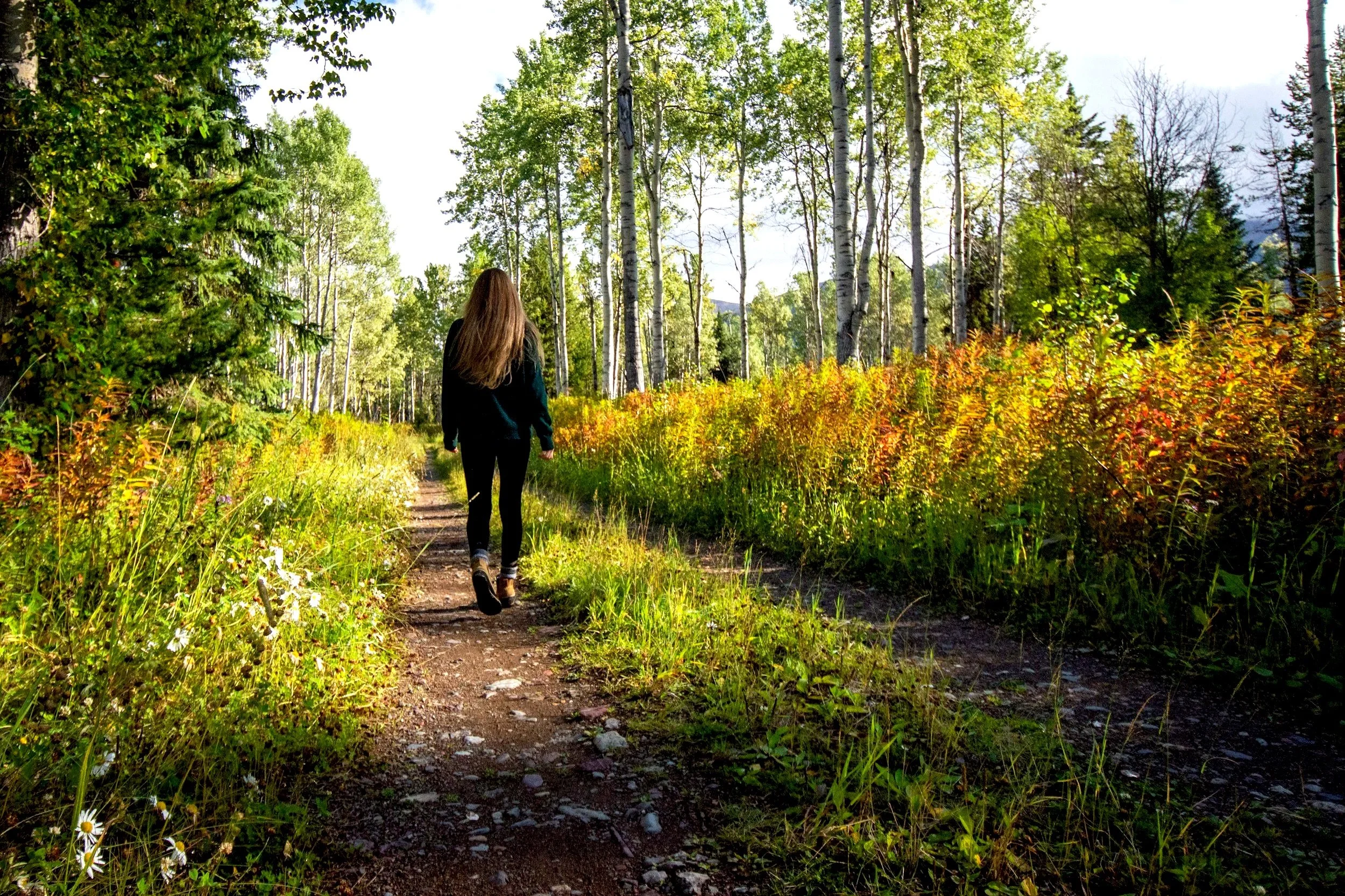 A person with long brown hair walking on a dirt trail through a lush green forest with tall trees and colorful bushes, under a partly cloudy sky.