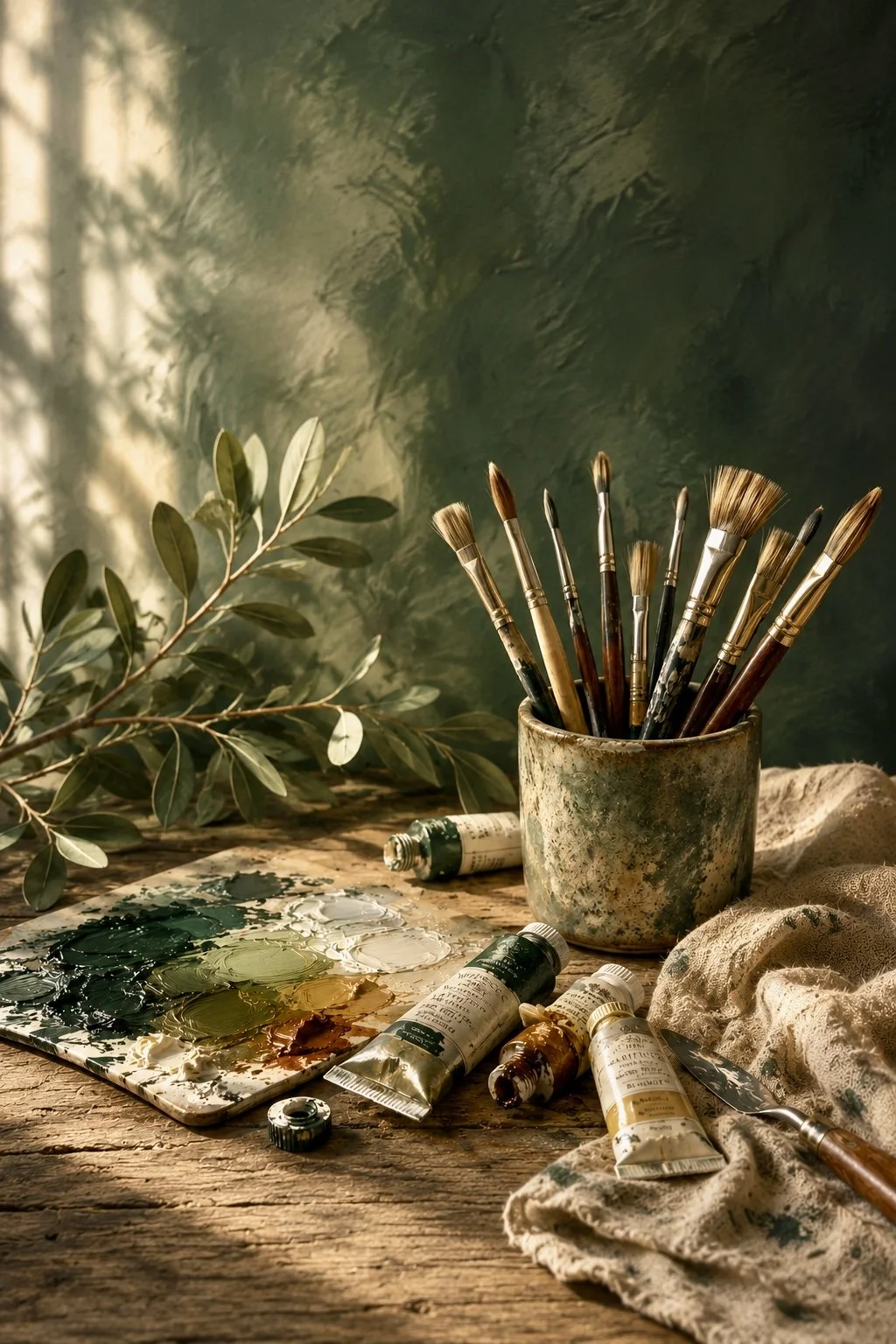 A rustic art workspace with a wooden table, an assortment of paintbrushes in a weathered ceramic cup, tubes of oil paint, a palette with mixed paint, and a branch with green leaves, all illuminated by soft natural light.