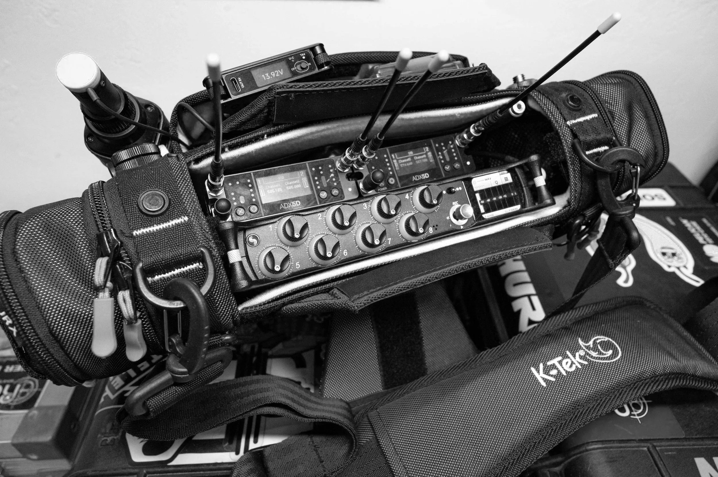Field recording bag with Sound Devices mixer and Shure Axient wireless receivers.