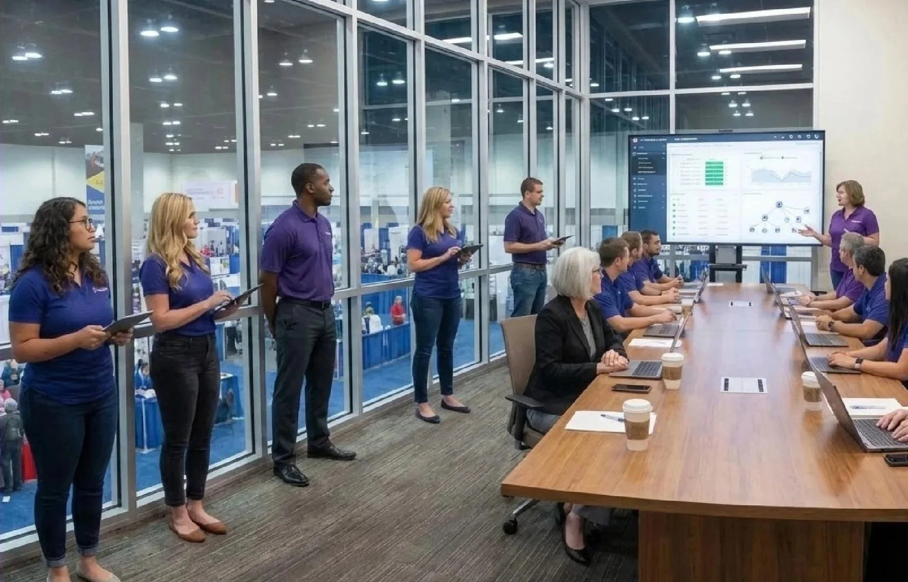 A group of people in a conference room participating in a presentation. Some people are standing, holding tablets, and one woman is speaking near a large display screen showing charts and graphs. Others are seated with laptops and coffee cups on the table.