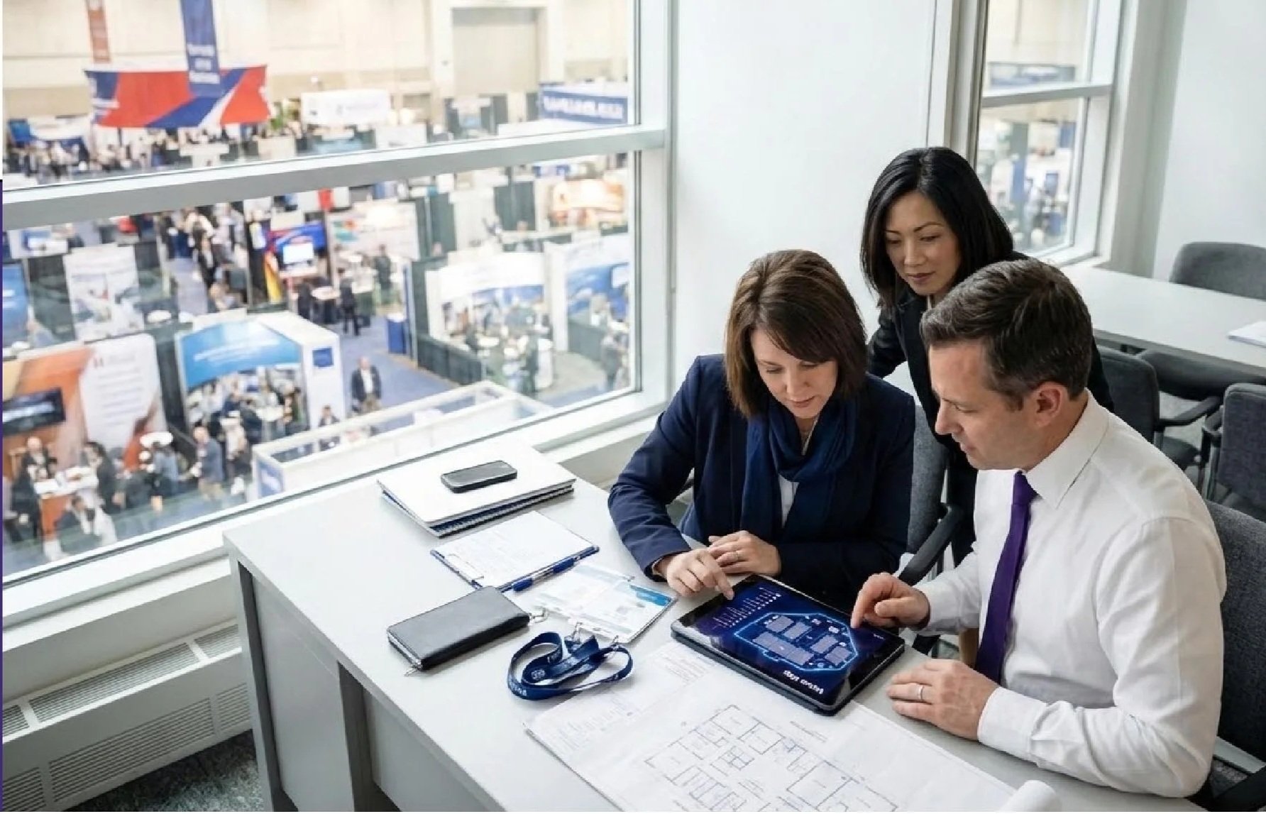 Three professionals in a modern office with a large window overlooking a busy trade show or conference, working on digital tablets and discussing plans with documents and notebooks on the table.