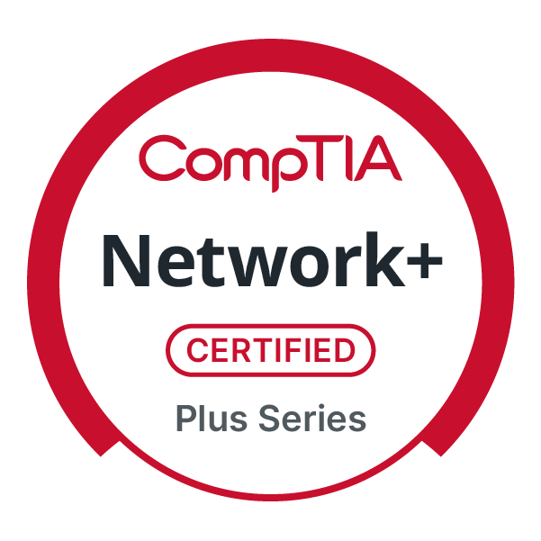 Certification badge for CompTIA Network+ Plus Series, indicating a certified status with a red and white design.