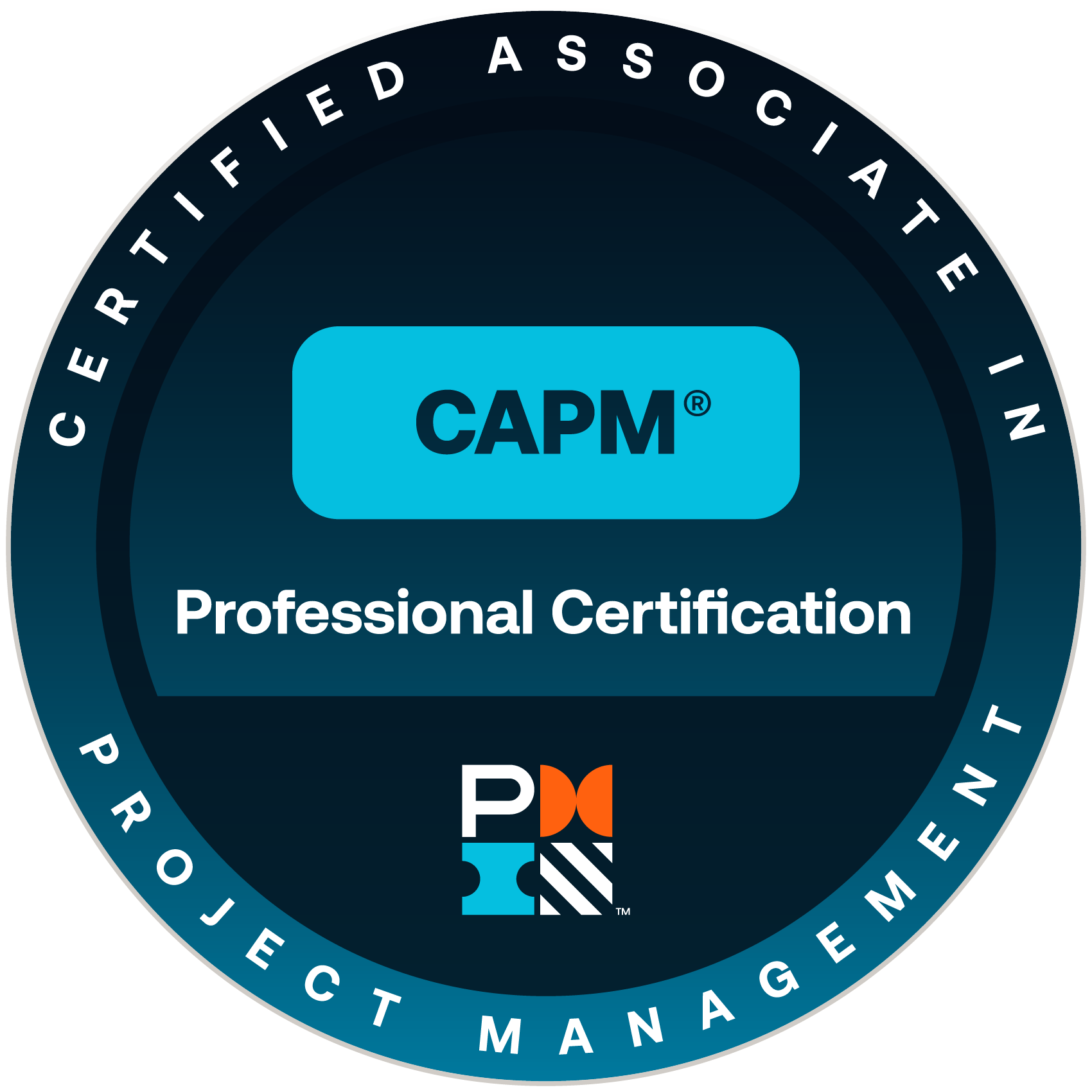 Certification badge for the Project Management Institute's Certified Associate in Project Management (CAPM) professional certification.