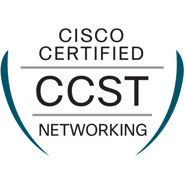 Cisco certified CCST networking badge with black background and teal curved lines on either side.