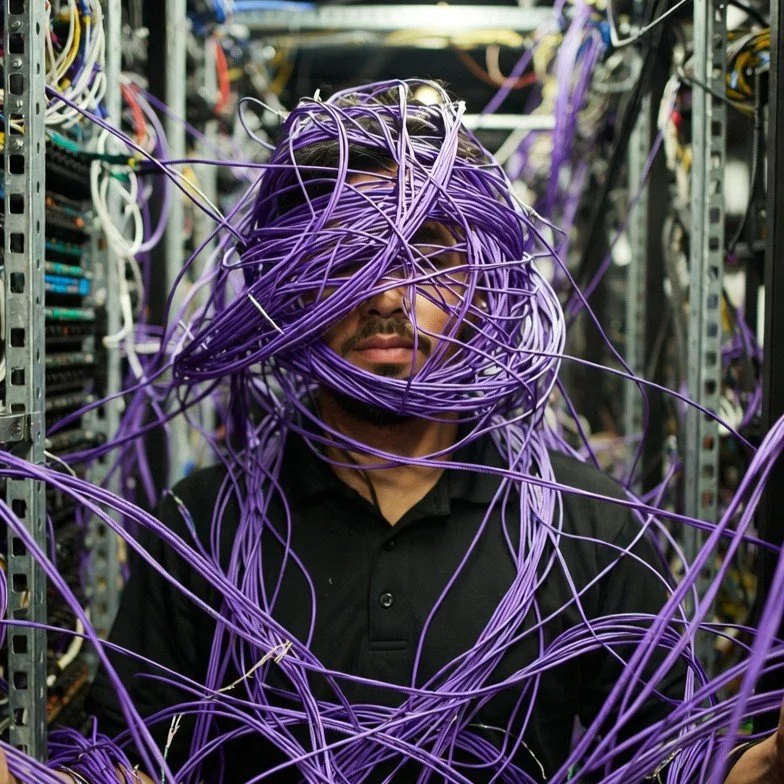 A person standing in front of server racks with tangled purple cables covering their face and head.