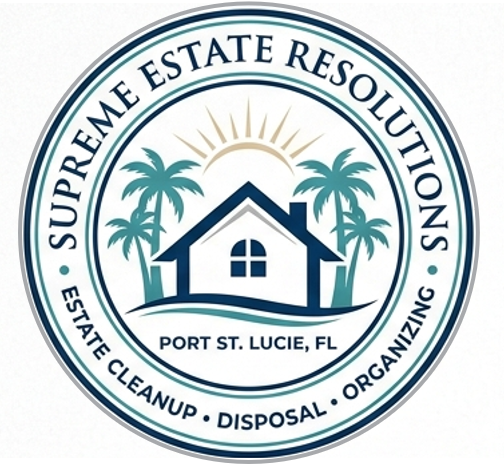 Logo for Supreme Estate Resolutions featuring a house with palm trees, a sunrise, and text indicating services like estate cleanup, disposal, and organizing in Port St. Lucie, Florida.