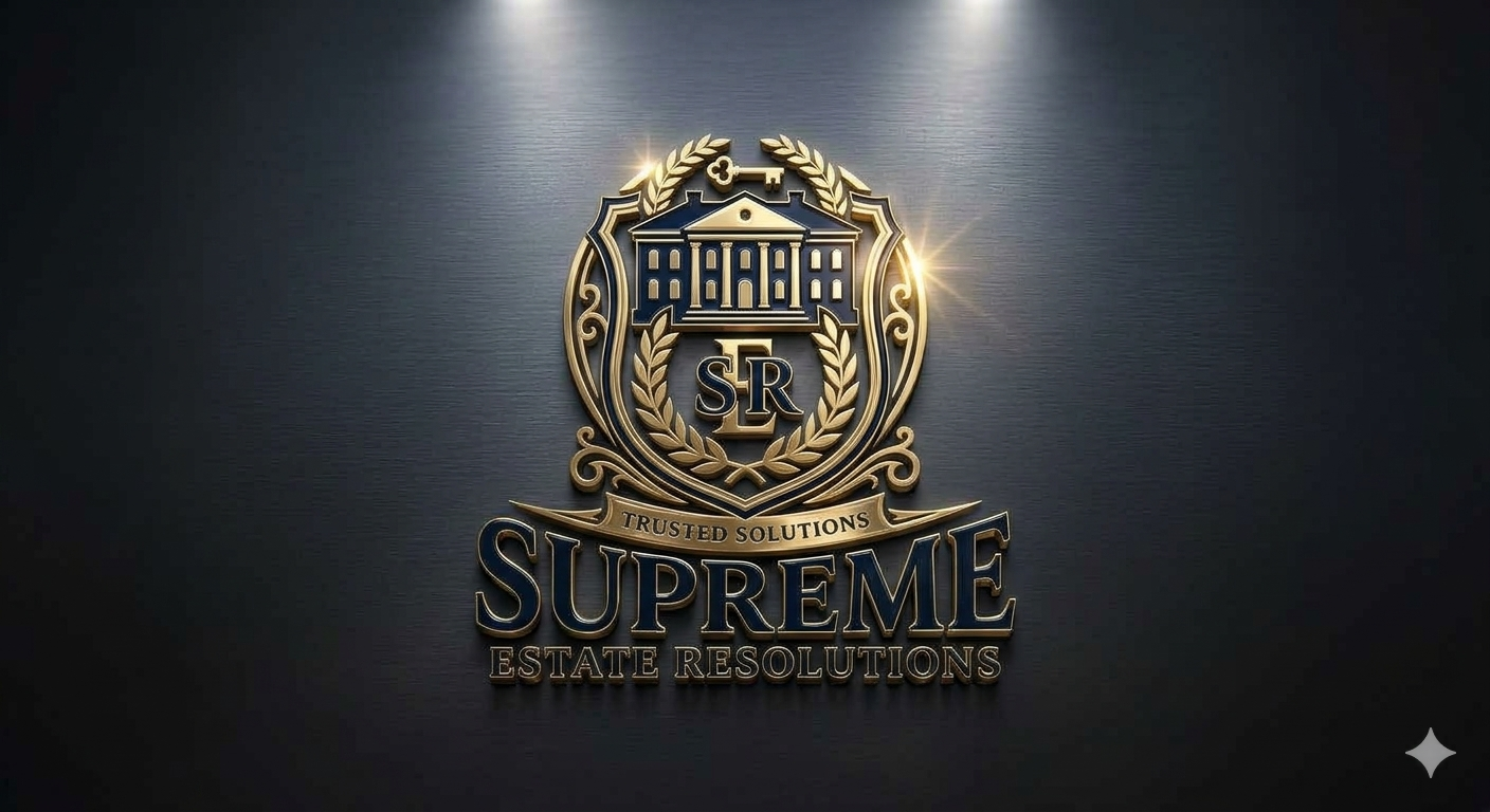 A dark textured background featuring a gold and navy emblem with a house at the top, laurel leaves, a key, and the initials 'SR' in the center. Below, a ribbon reads 'Trusted Solutions,' with the words 'Supreme Estate Resolutions' underneath.