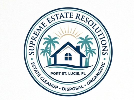 Logo for Supreme Estate Resolutions featuring a house, palm trees, and a sunrise, with text indicating services like estate cleanup, disposal, and organizing in Port St. Lucie, Florida.