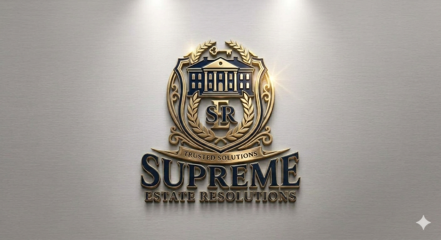 A metallic emblem with a gold and blue design featuring a building with columns, laurel leaves, a key, and the text 'Trusted Solutions', 'Supreme', and 'Estate Resolutions' on a plain, light-colored background.