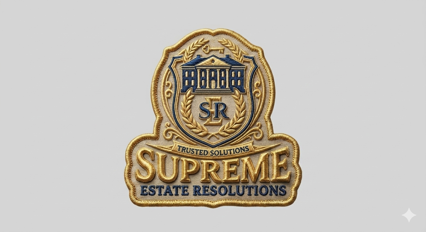 A decorative embroidered patch with a gold border featuring a crest with a building and the initials 'SR'. Below, a banner reads 'Trusted Solutions'. Under that, the word 'Supreme' is embroidered in gold, and underneath in smaller blue text, it says 'Estate Resolutions'.