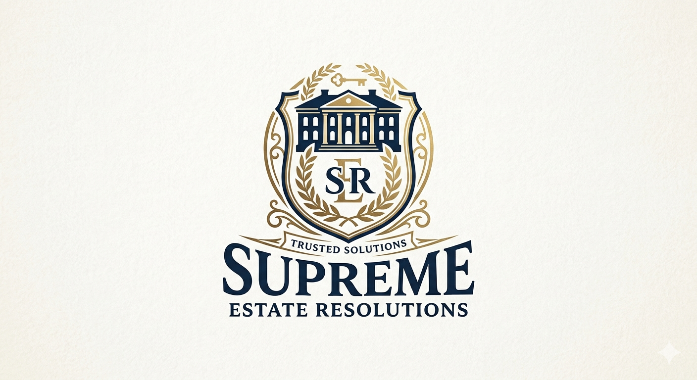 A logo for Supreme Estate Resolutions featuring a crest with a building, laurel wreath, and the words 'Trusted Solutions' and 'Supreme Estate Resolutions'.