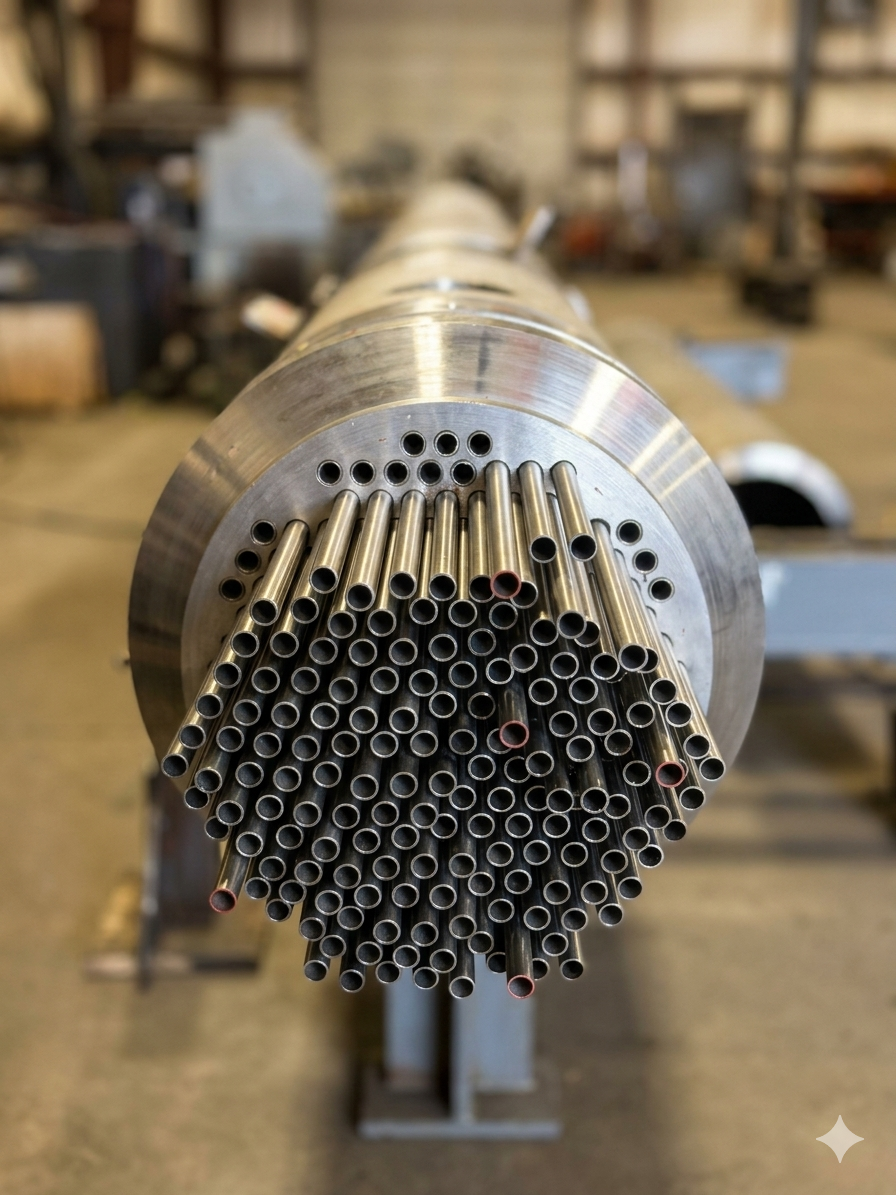 Shell and tube heat exchanger being tubed during fabrication.