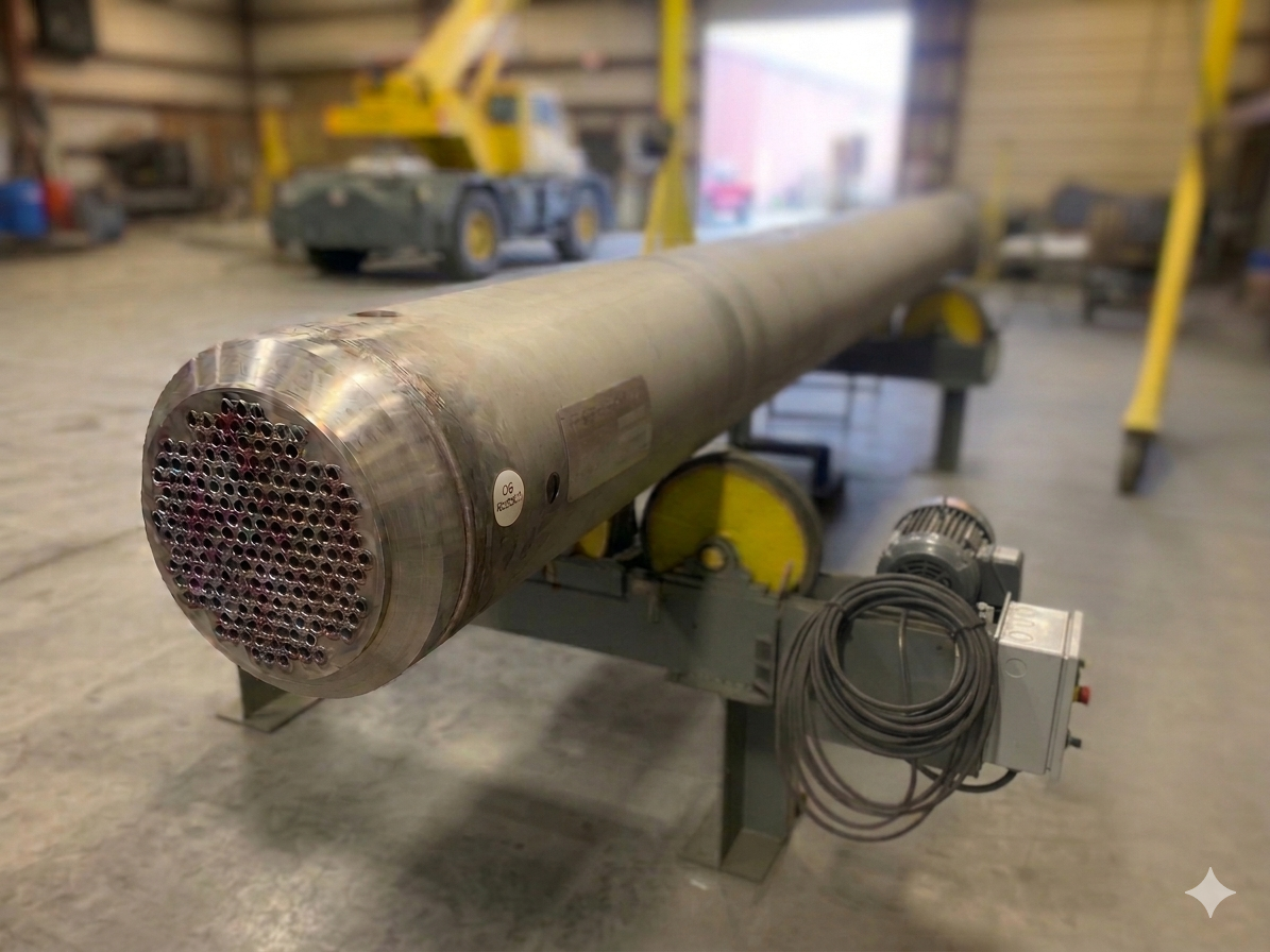 Shell and tube heat exchanger with tubes welded during fabrication.