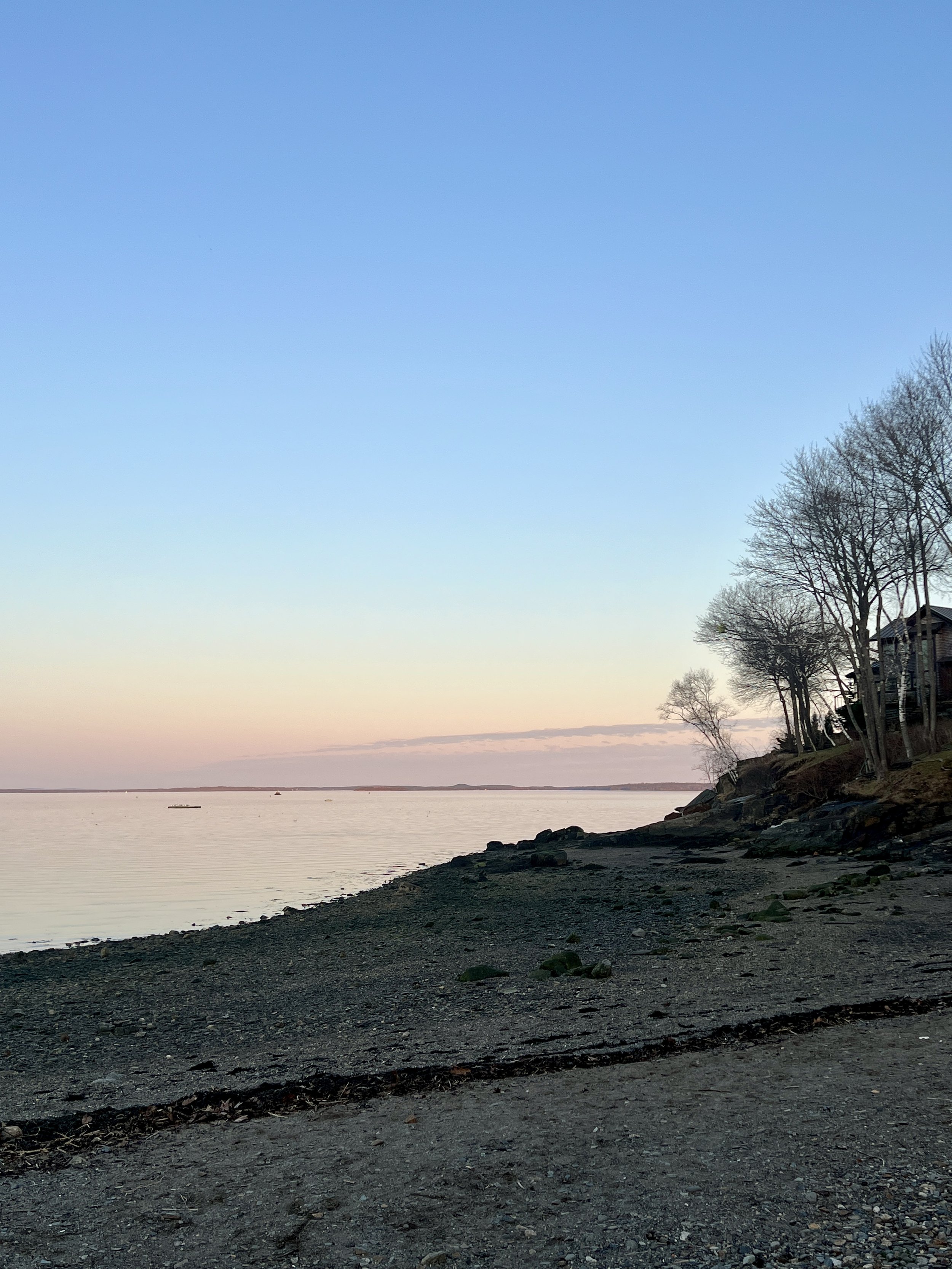 A calm body of water with a rocky shoreline and trees on a hill to the right, under a sky with pastel sunset colors.