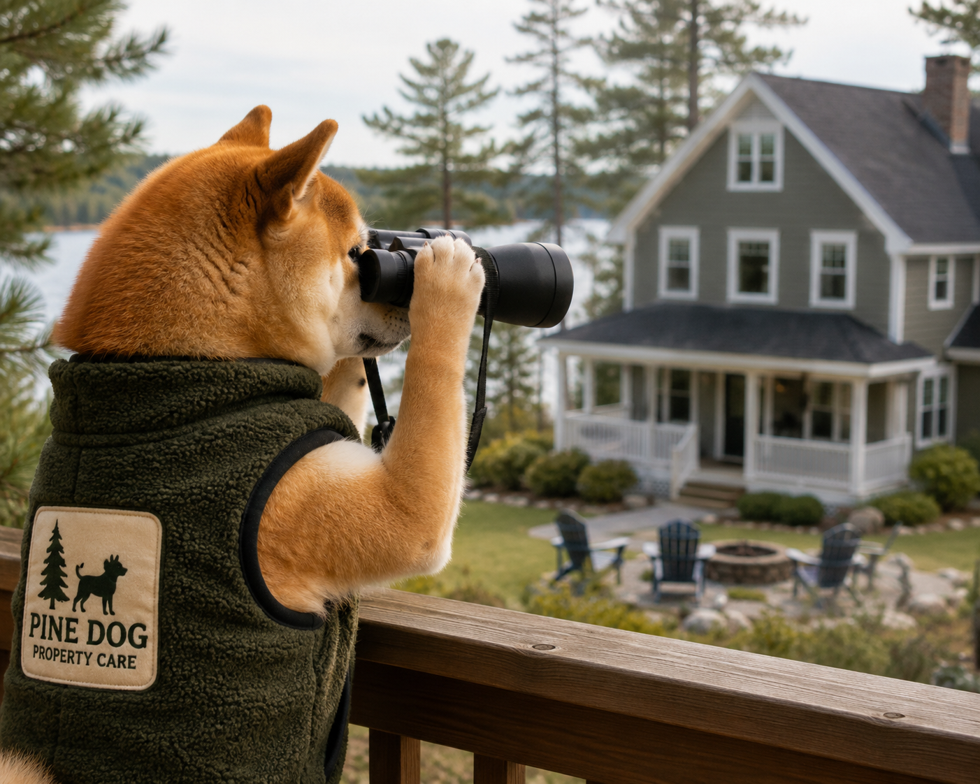 A Shiba Inu dog wearing a vest with a pine tree and dog logo, looking through binoculars on a porch, with a house, trees, fire pit, and outdoor chairs in the background.
