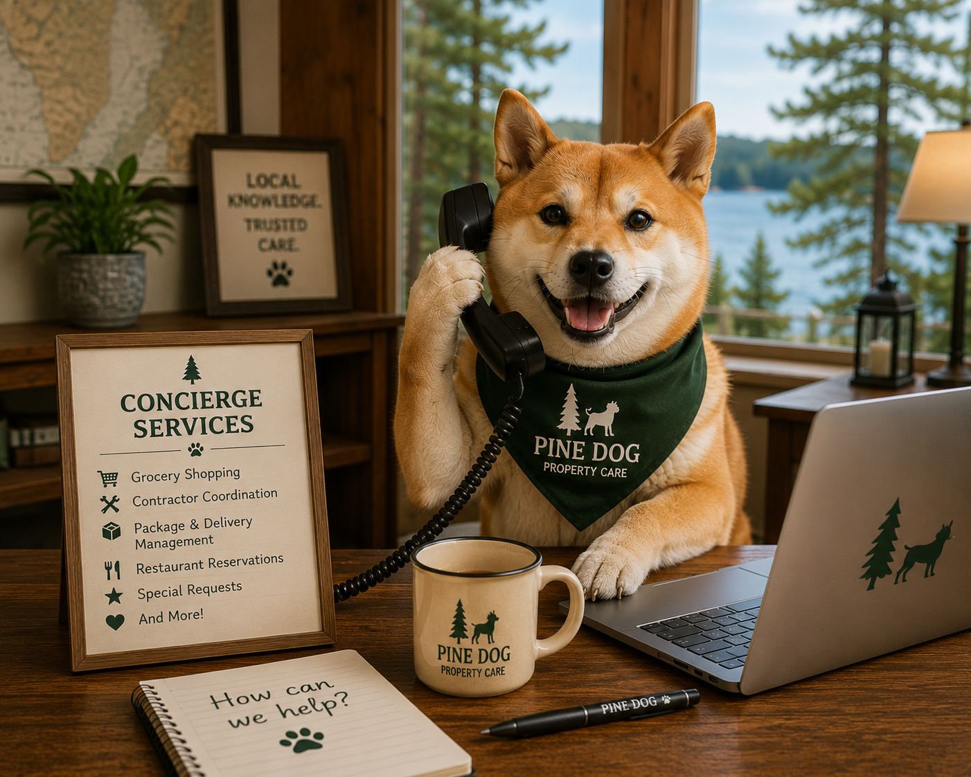 A friendly dog wearing a green bandana with trees and a dog silhouette, sitting at a desk with a landline phone on its ear, a laptop, and a sign listing concierge services like grocery shopping and restaurant reservations, in a cozy office with a window showing outdoor trees and water.