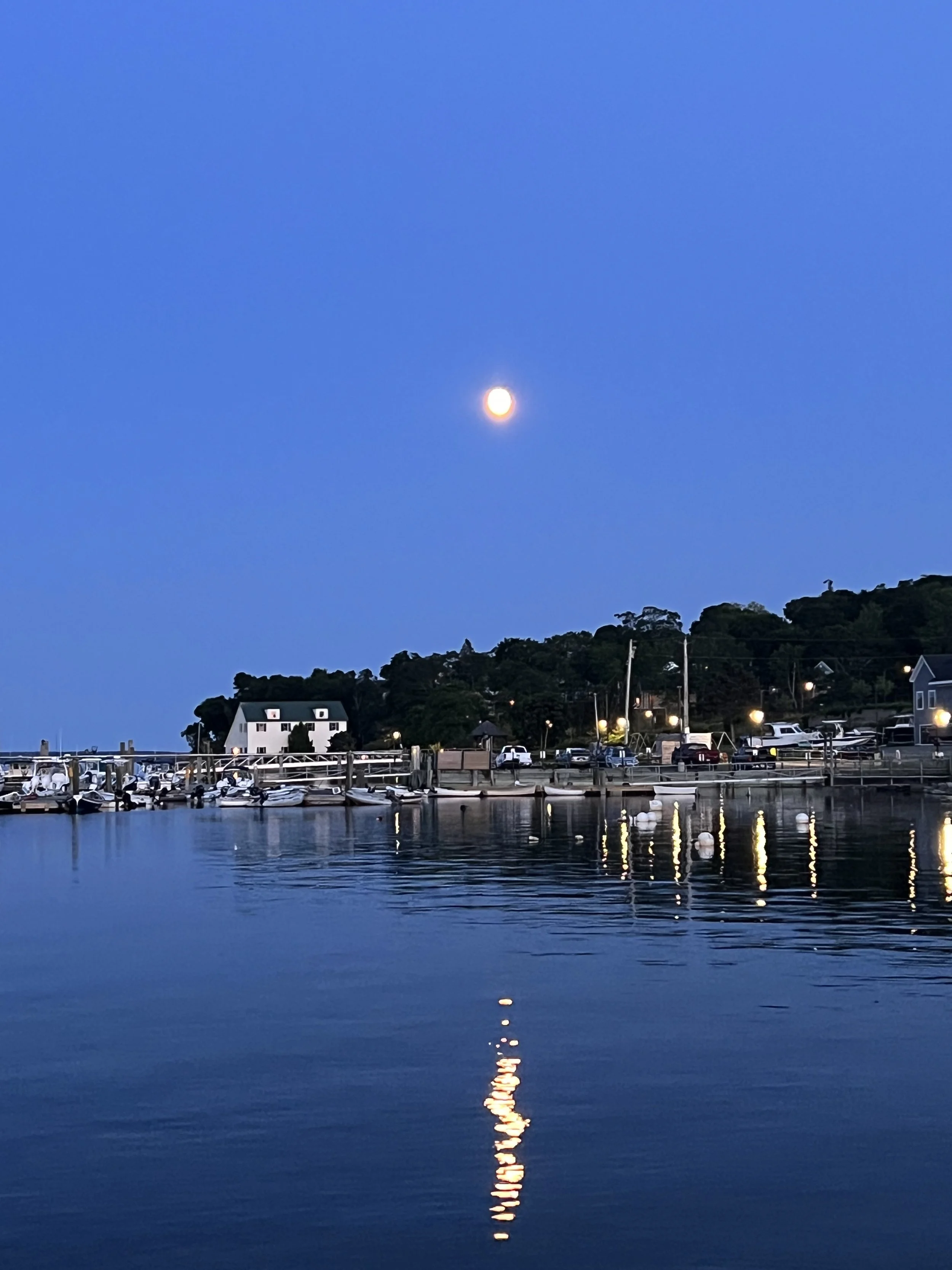A harbor at dusk with moored boats, a building on the shoreline, and a bright full moon in a clear blue sky reflected in calm water.