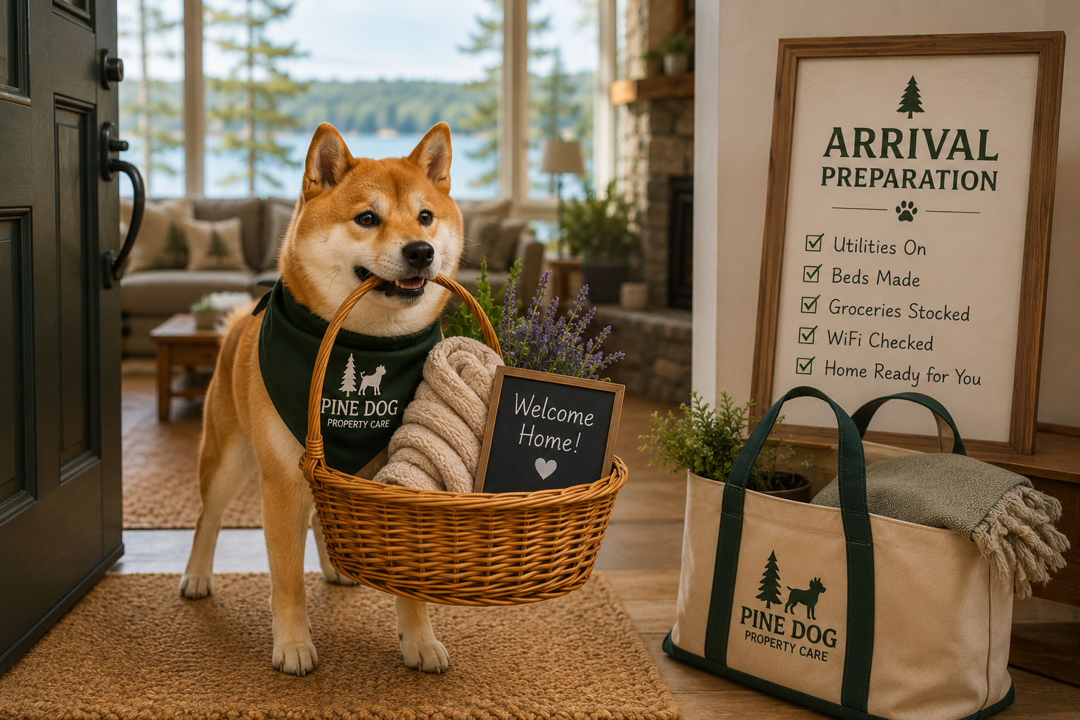 A happy Shiba Inu dog standing inside a home, wearing a green bandana with pine trees and a dog silhouette, holding a wicker basket with a cozy blanket and a chalkboard sign that says 'Welcome Home!' The background shows a cozy living room with a large window, view of trees and water, and a welcoming sign with a checklist for home preparation, along with a large beige tote bag with green handles and the pine dog logo.