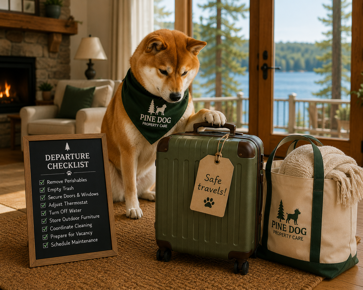 A dog wearing a green bandana with pine trees and a dog graphic, standing on wooden floors inside a cozy cabin. The dog is next to a green suitcase with a 'Safe travels!' tag and a canvas bag with a similar pine tree and dog design. Items are packed for travel, and a chalkboard lists a departure checklist in front of the dog, with a fireplace and lake view in the background.