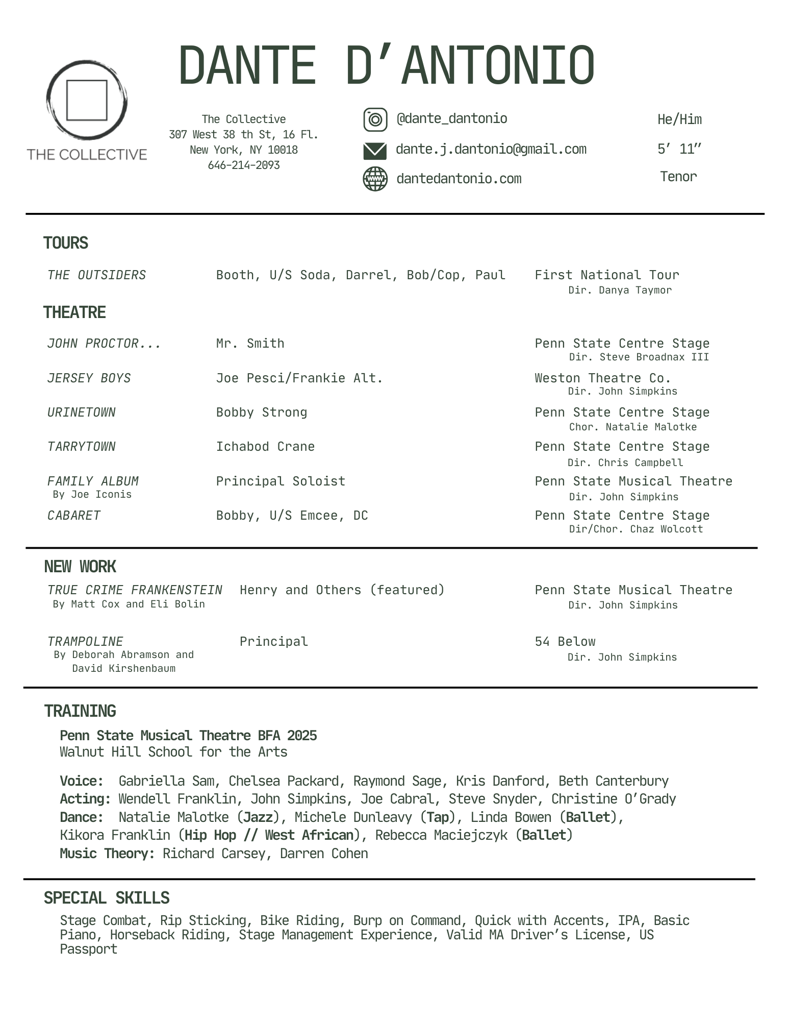 A schedule for a theatrical production, including contact information, theatre, tour, new work, training, and special skills sections, with text detailing dates, roles, and personnel involved.