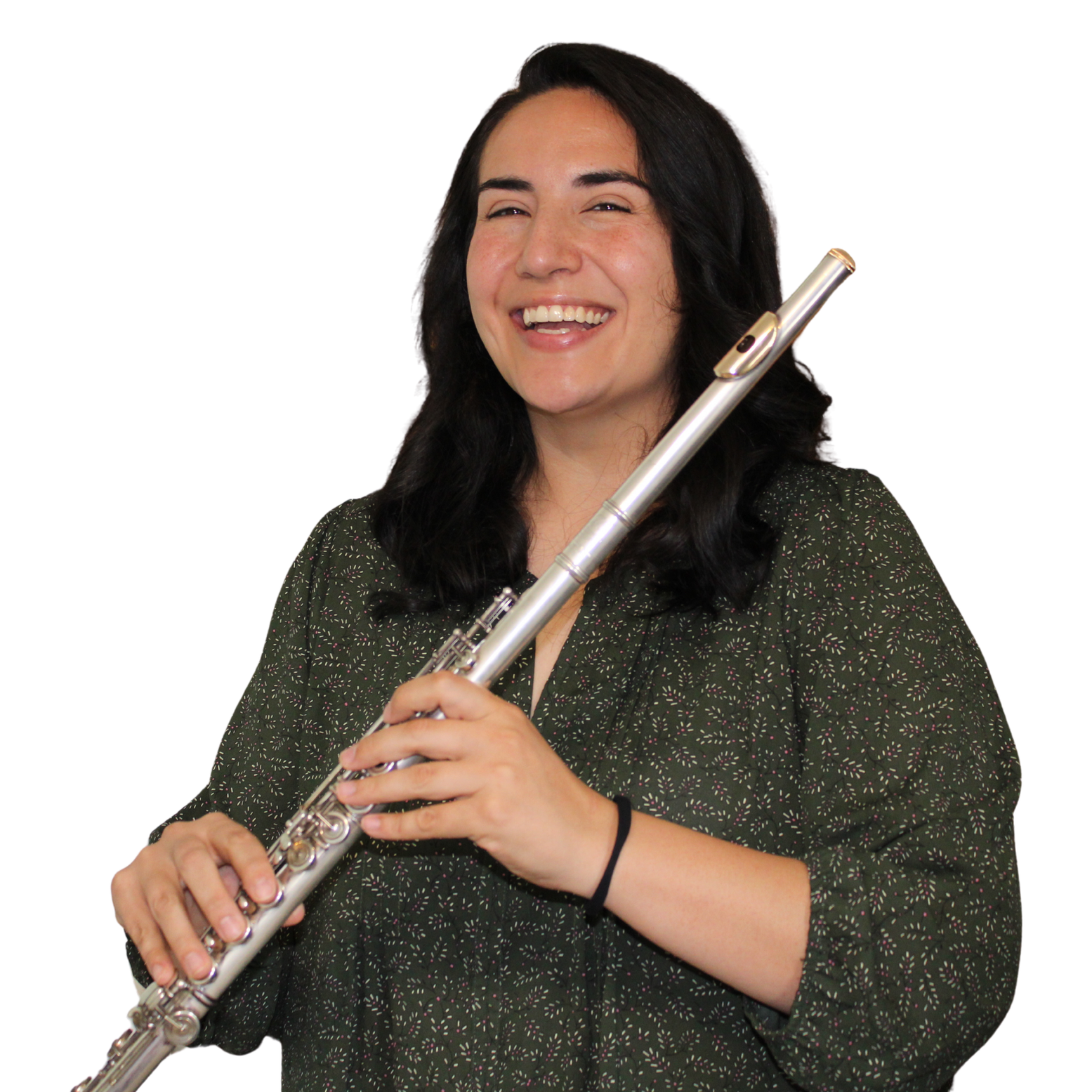 Young woman with long black hair smiling and playing a silver flute, wearing a dark green shirt with small white and pink patterns.