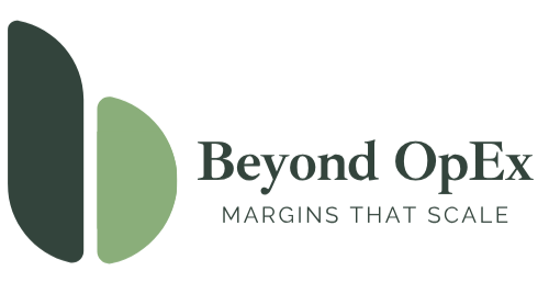 Logo for Beyond OpEx featuring a lowercase 'b' split into dark and lighter green shades, with the brand name Beyond OpEx in larger serif text and the slogan 'Margins That Scale" smaller below in uppercase sans serif text.