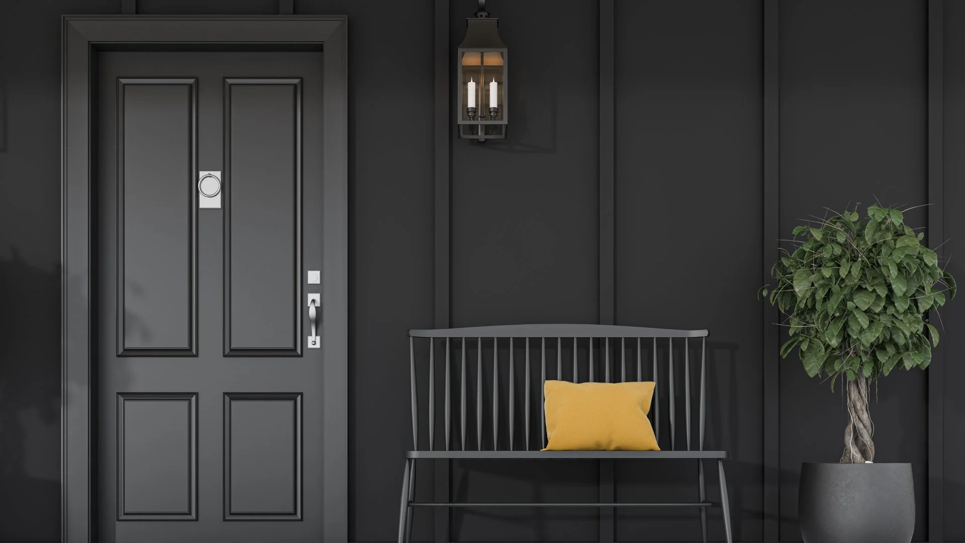 Black door with silver handle, black wall with a wall-mounted lantern with two candles, yellow pillow on a gray bench, large potted green plant.