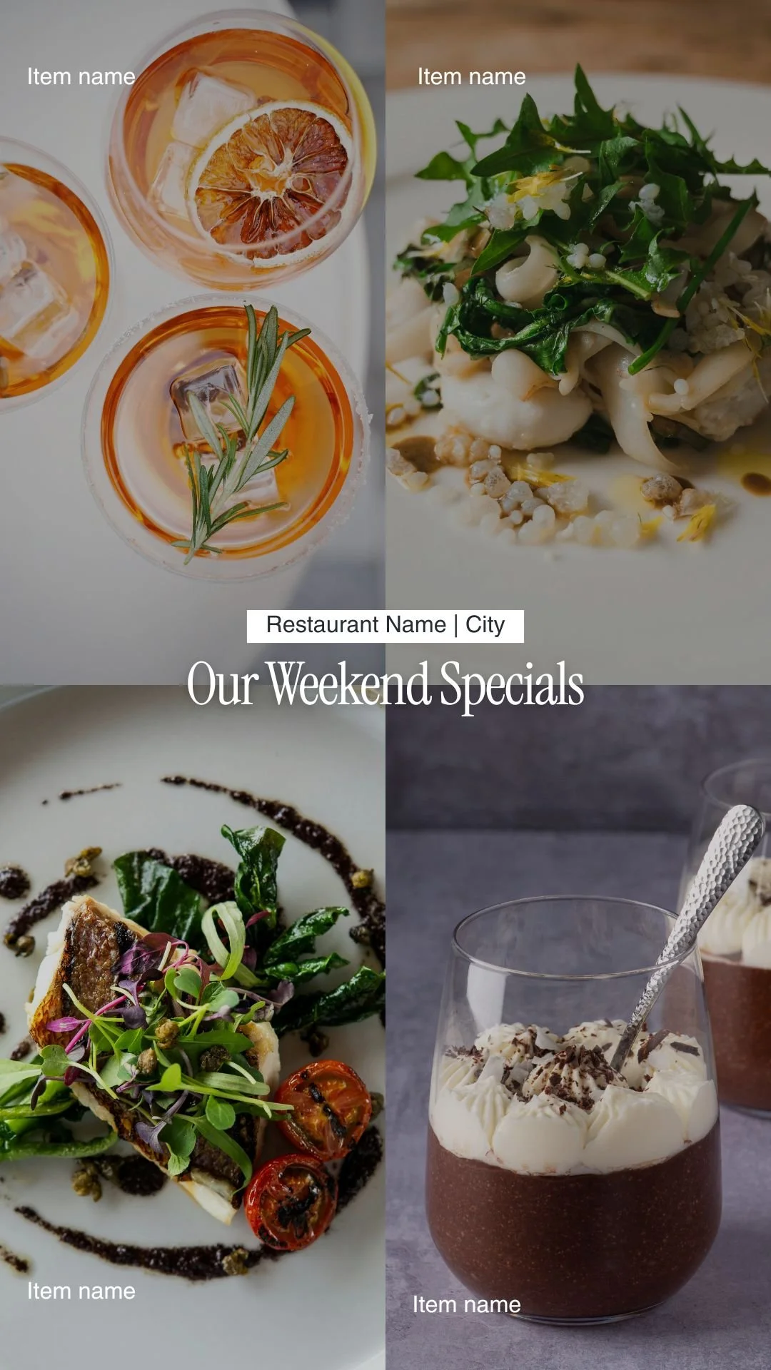 A promotional flyer for a restaurant's weekend specials featuring four images of food and drinks: the top left shows three glasses of iced tea with lemon and rosemary; the top right displays a seafood pasta dish with greens; the bottom left features a plated gourmet meal with vegetables, sauces, and microgreens; the bottom right depicts a glass of chocolate mousse topped with whipped cream and chocolate shavings.