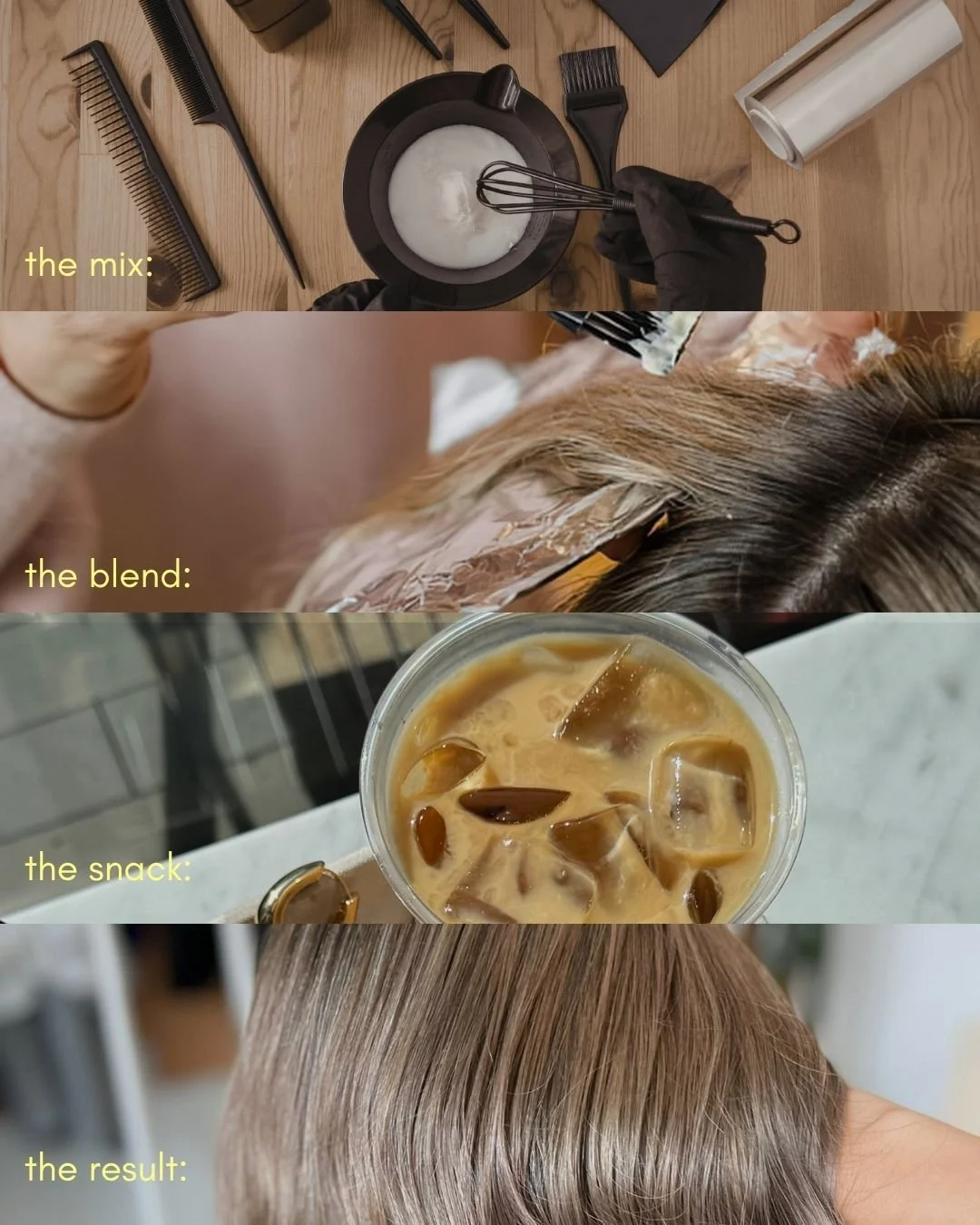 A step-by-step process of hair coloring: mixing hair dye, applying it to hair, a glass of iced coffee, and the finished hair with a new light brown color.