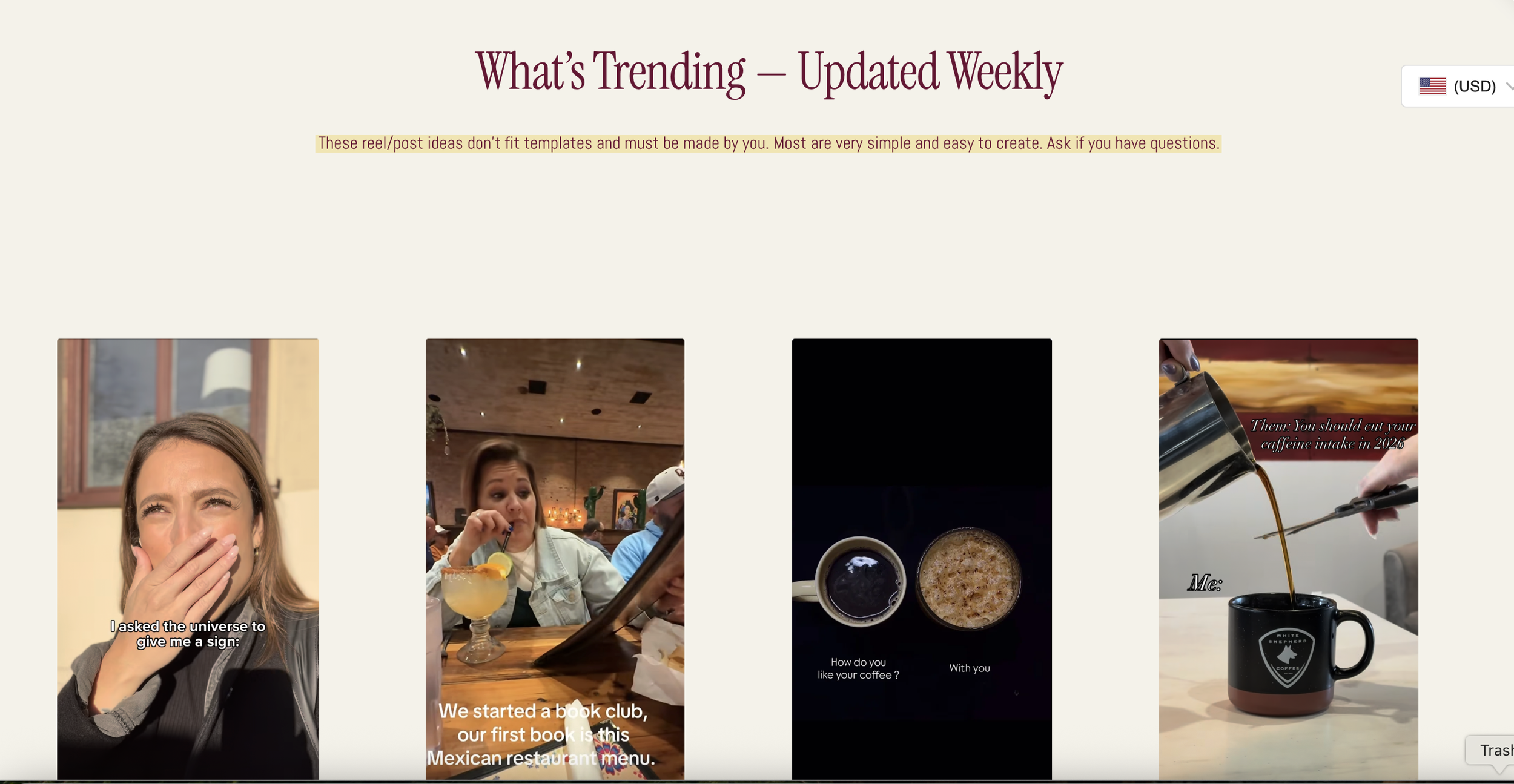Screenshot of a webpage titled "What's Trending — Updated Weekly" with four images of people and coffee, some with overlayed text discussing book clubs, drinks, coffee preferences, and caffeine intake.