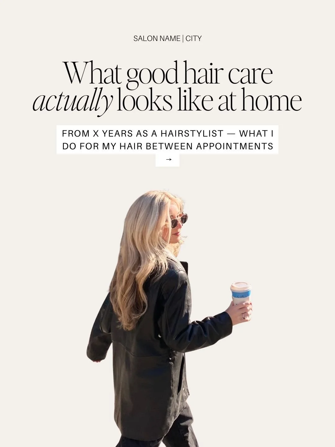 A woman with long blonde hair wearing sunglasses and a black jacket, holding a coffee cup, walking outdoors on a sunny day with a light-colored background.