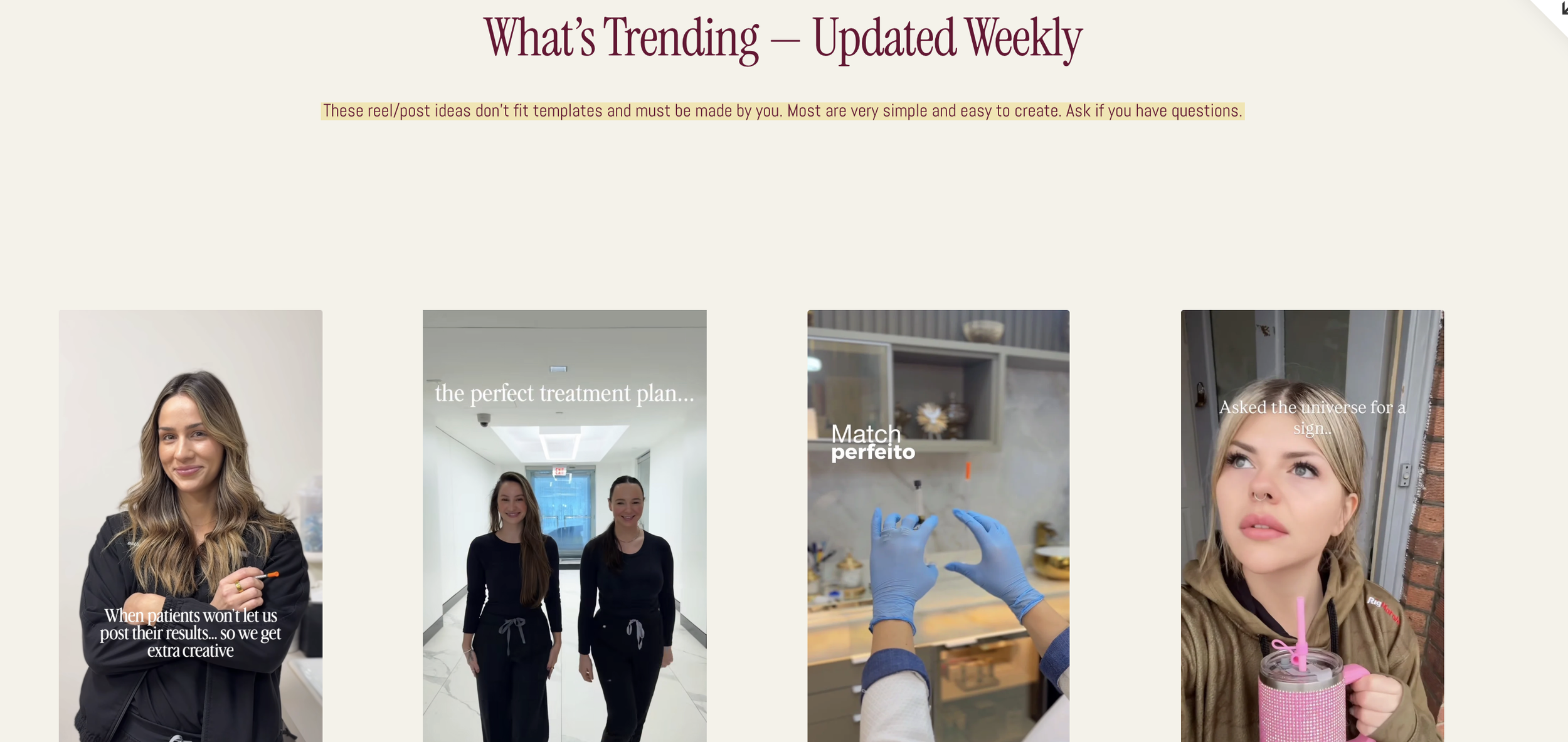 A webpage titled "What's Trending — Updated Weekly" featuring various images of people, some in medical or dental settings, with captions about patient results, treatment plans, matching procedures, and curiosity about the universe.