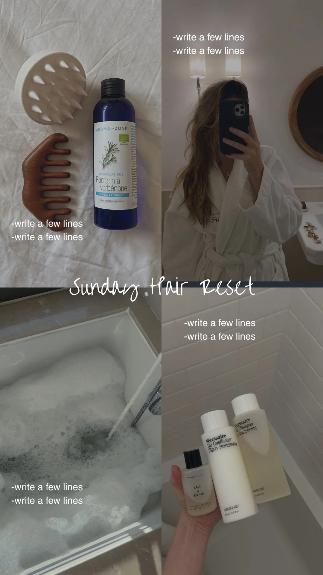 A collage of four images showing self-care items and activities, including a bottle of rosemary hydrosol, hair clips, a bubble bath, and shampoo and conditioner bottles, with overlaid text instructing to write a few lines.