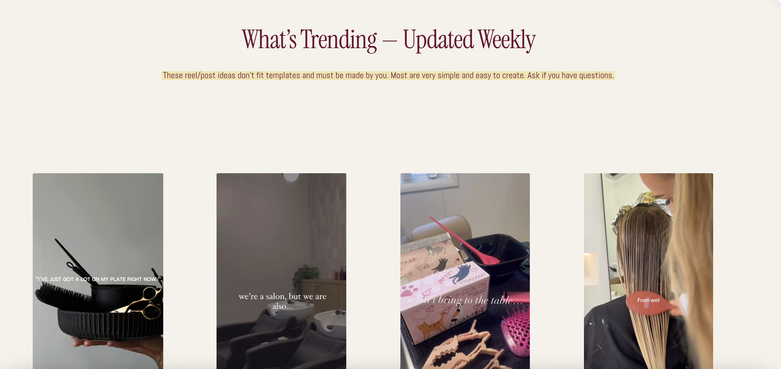 Screenshot of a website section titled 'What's Trending — Updated Weekly' with images of salon-related items and activities, such as hairdressing tools, a salon room, and a stylist combing a client's hair.