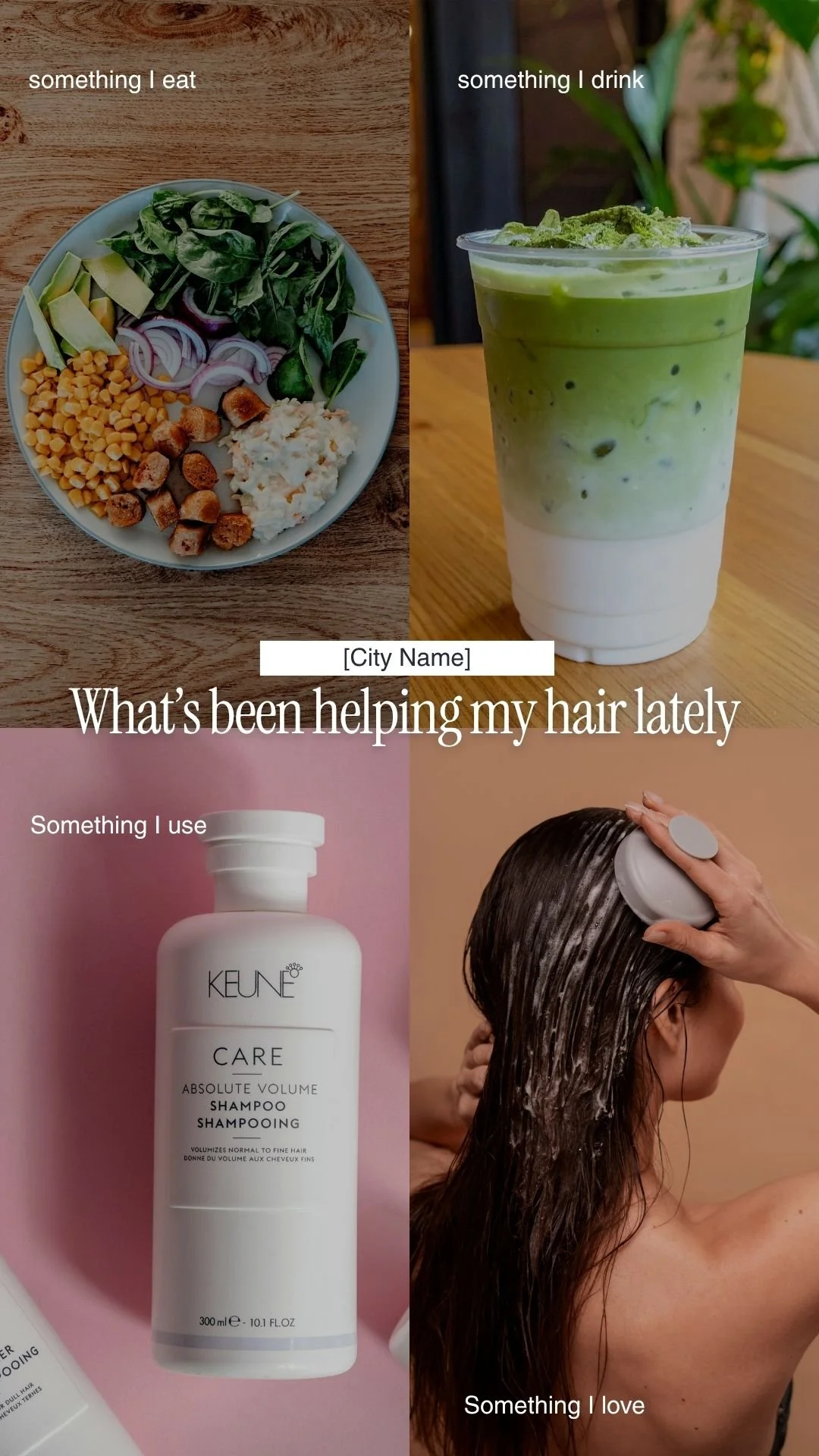 A collage of four images showing a healthy meal, a matcha drink, a bottle of shampoo, and a woman washing her hair, with text overlay about hair care.