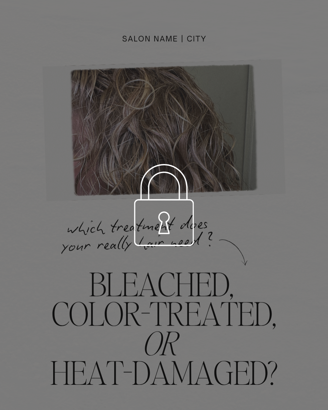 Text on a card asking which hair treatment is needed: bleach, color, or heat damage. There is a photo of curly, blonde hair behind a cutout window at the top.