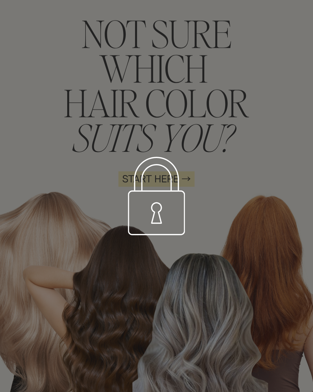 Four women with different hair colors and styles, blonde, brunette, gray, and red, viewed from behind, promoting hair color consultation.
