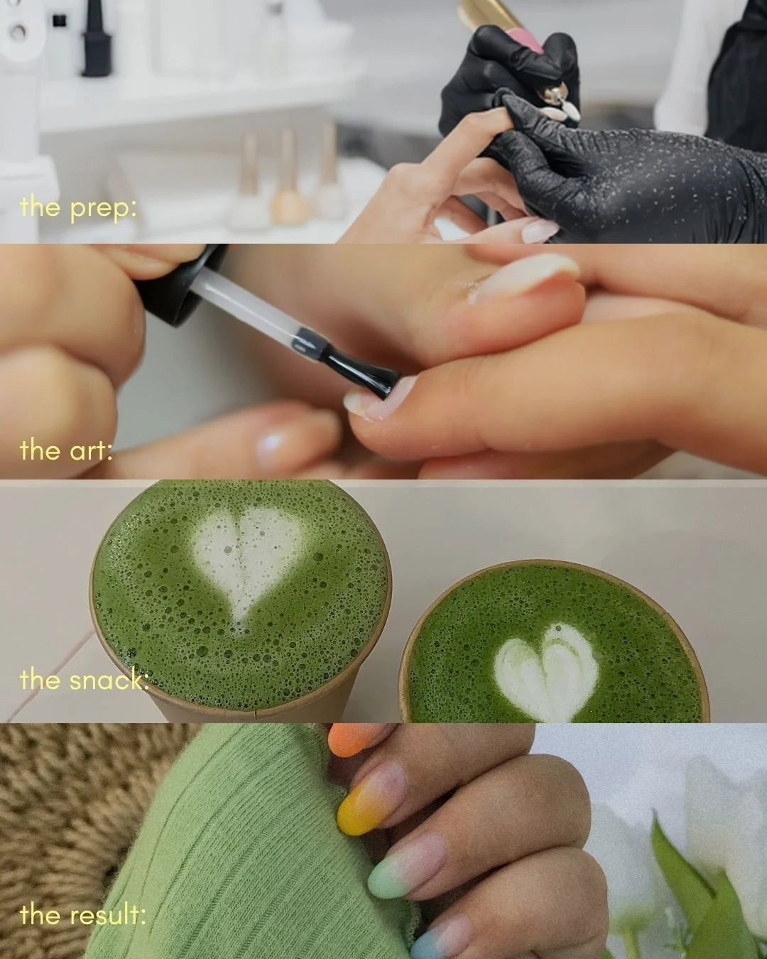Series of images depicting nail art process featuring the application of nail polish, a close-up of dip powder nails, two matcha lattes with heart-shaped foam art, and a person's hand with pastel-colored nails.