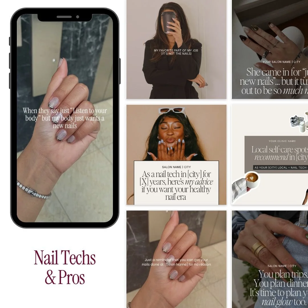 Collage of images related to nail tech industry, including hands with manicured nails, a woman showing her nails, and promotional text about nail care and services.