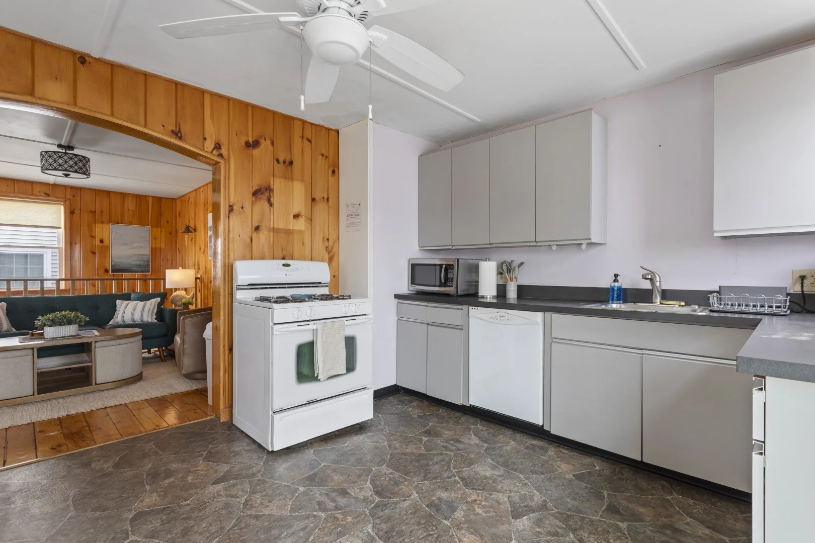 Kitchen with white cabinets, a stove, microwave, dishwasher, sink, and blue soap dispenser, adjacent to a living room with wood-paneled walls, a green sofa, and a lamp.