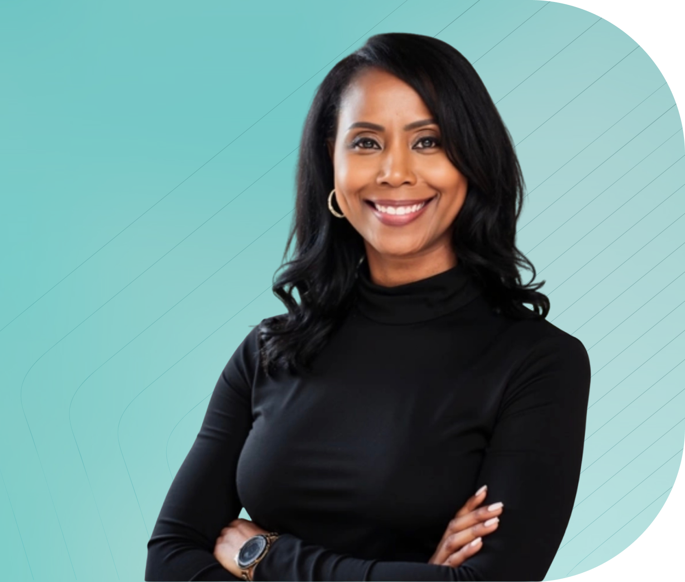 Founder Makiya Musgrove Woods with long black hair, wearing a black turtleneck, standing with her arms crossed against a teal background.