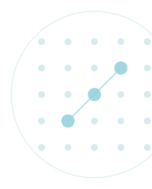 A graphical representation of a scatter plot with a trend line connecting three large points, surrounded by a circle with evenly spaced smaller dots.