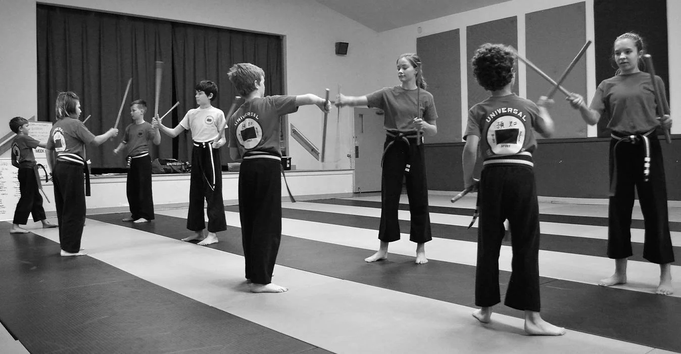 Children in martial arts uniforms practicing with short sticks.