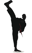 Black and white illustration of a person performing a high kick in a martial arts pose.
