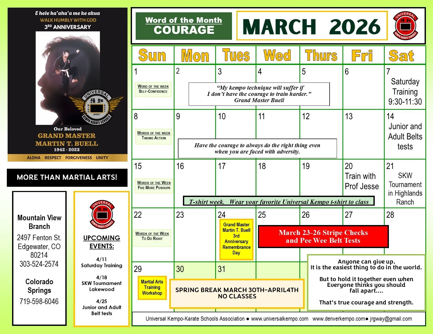 Monthly calendar for March 2026 from Universal Kempo Karate Schools, featuring training schedules, motivational quotes, and event announcements, including belt tests, tournaments, and a spring break no classes period.