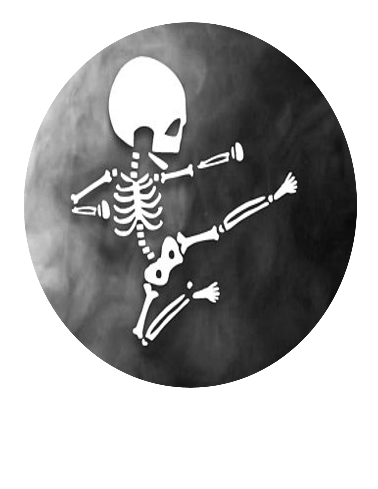 A black and white graphic of a skeleton in a jumping or dancing pose against a dark, cloudy background.